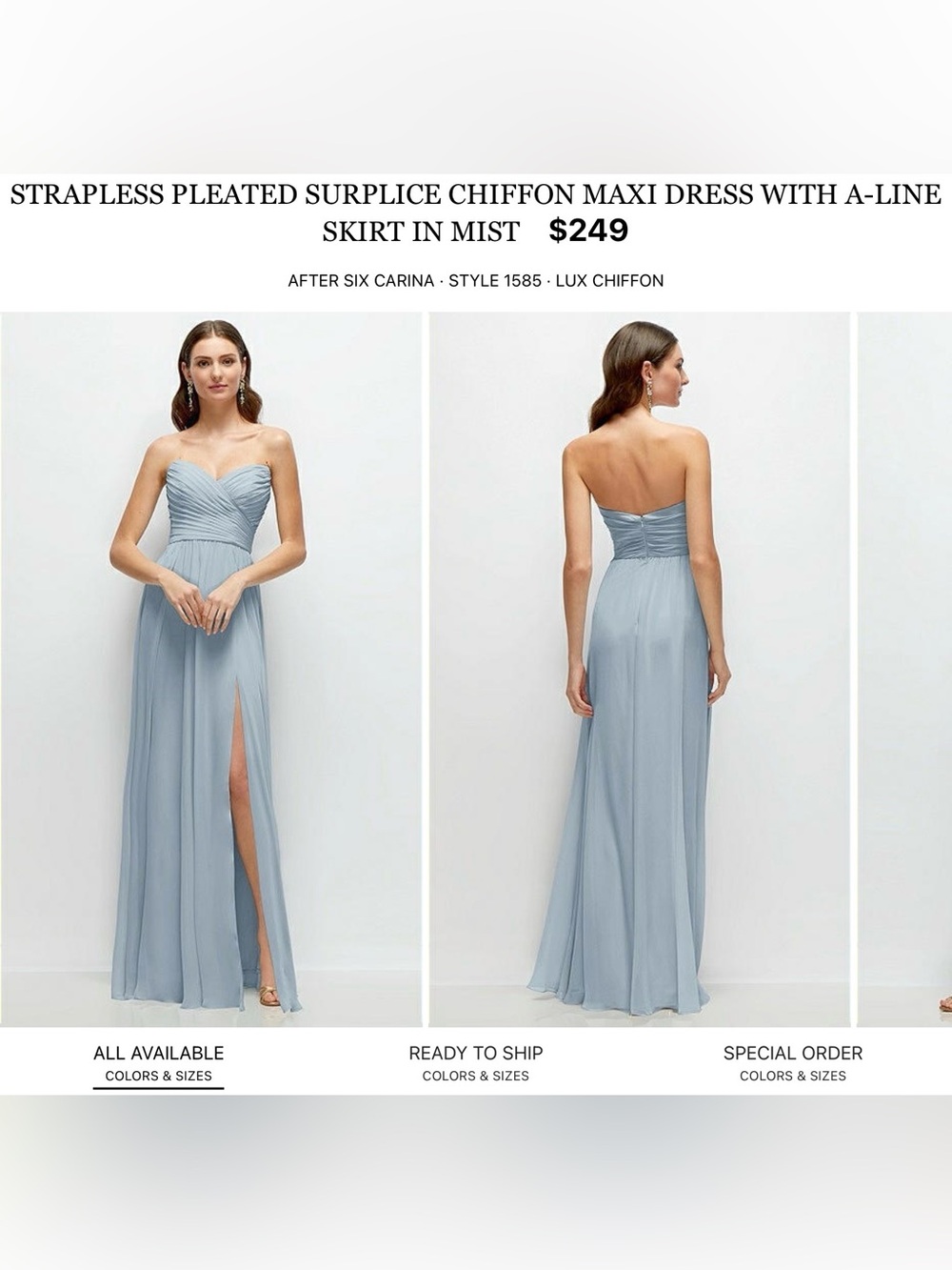 After Six Strapless Pleated Chiffon Maxi Dress in Mist Blue